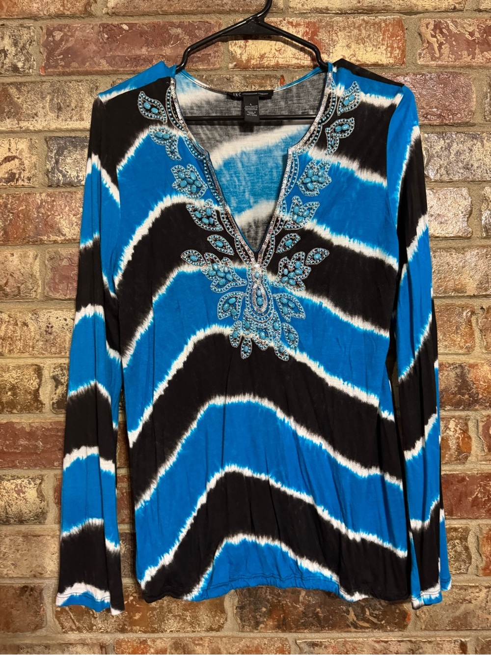 INC Blue & Black Tie-Dye Embellished V-Neck Women's Top